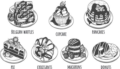 dessert set vector sketch. sweet menu vector chalk on white background. blueberry pancakes, donuts, cupcakes, pie, Belgian waffles, croissants, macarons vector set sketch.