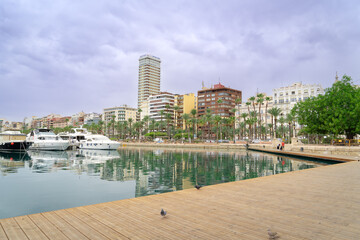 Fototapeta premium City center view, boats and houses. Alicante Spain