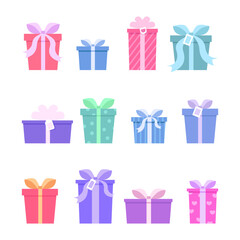 Collection of 12 gift boxes for Christmas or birthday. Bow and ribbon. Vector illustration
