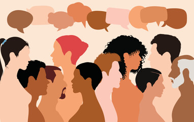 Diverse multicultural people interacting with a crowd of vector cartoon heads. Communication concept with speech bubbles. Communication concept with speech bubbles.
