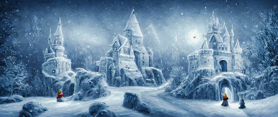 Artistic concept painting of a beautiful winter castle, background illustration. - obrazy, fototapety, plakaty