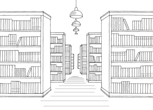 Library shelf graphic black white interior sketch illustration vector 
