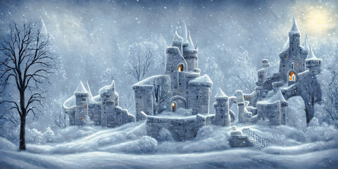 Artistic concept painting of a beautiful winter castle, background illustration.