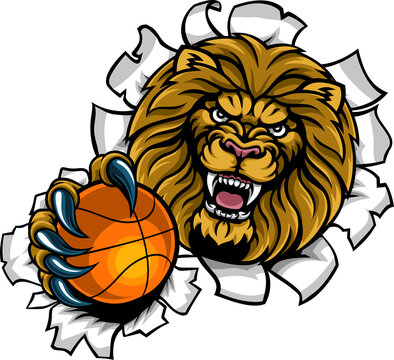 Lion Holding Basketball Ball Breaking Background