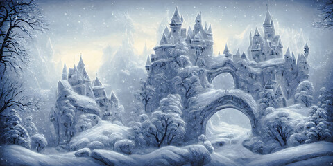 Artistic concept painting of a beautiful winter castle, background illustration.