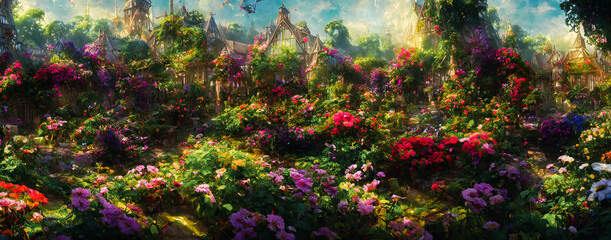 Obraz na płótnie Canvas Artistic concept painting of a beautiful garden with house, background illustration.