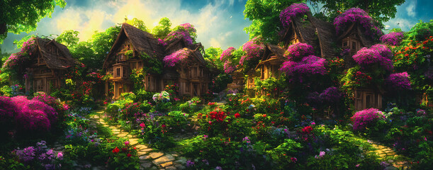 Obraz na płótnie Canvas Artistic concept painting of a beautiful garden with house, background illustration.