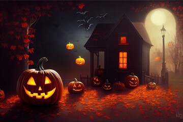 scary Halloween pumpkins at night