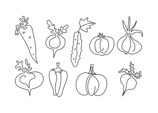Vegetables in line art style. Set of vegetables. Drawings in one line. Vector graphics. Isolated background.