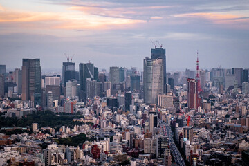 Panoramic sky view of the Tokyo skyline during a warm sunset