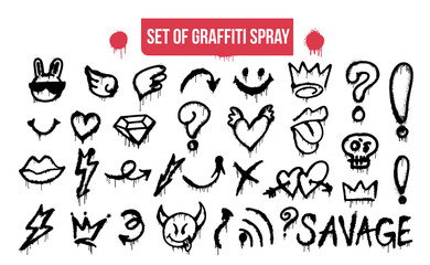 Big collection of graffiti spray pattern. Design symbols, crown, thunder, devil, skull, heart, arrow, etc. with spray texture. Elements on white background for banner, decoration, street art and ads. - obrazy, fototapety, plakaty