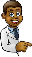 Scientist Cartoon Character Pointing at Sign