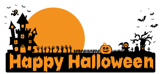 Halloween pumpkins, moon and dark castle on white background, vector illustration