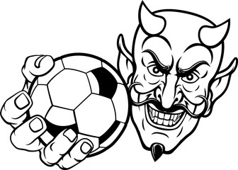 Obraz premium A devil or satan soccer football sports mascot cartoon character holding a ball