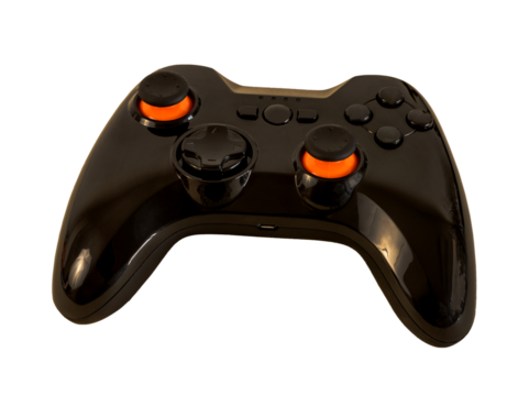 Video game controller isolated, wireless black gamepad.