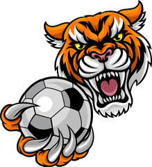 Tiger Holding Soccer Ball Mascot