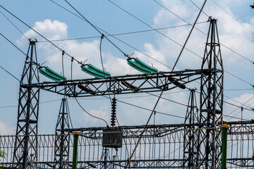 Steel structure pylons supporting high-voltage power lines for energy purposes