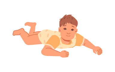 Baby boy laying on floor trying to crawl. Isolated small kid or toddler in jumpsuit. Kid playing or interact with world. Vector in flat style, flat cartoon character