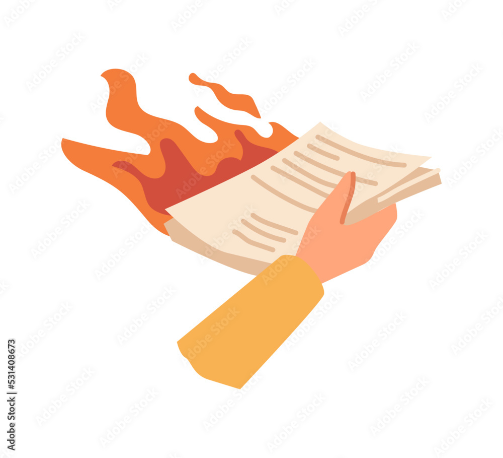 Poster Urgent business project to complete, deadline of report. Isolated paper in fire, burning pages in hand. Working on problems and conflicts at work. Vector in flat style