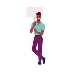 Protesting afro american man with placard or billboard, guy waiting in airport queue. Vector male protestor on rebellion strike, flat cartoon character with placard, political movement for equality