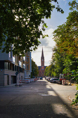 Schreberstrasse mit Blick auf die Luther Kirche, Leipzig, Sachsen, Deutschland