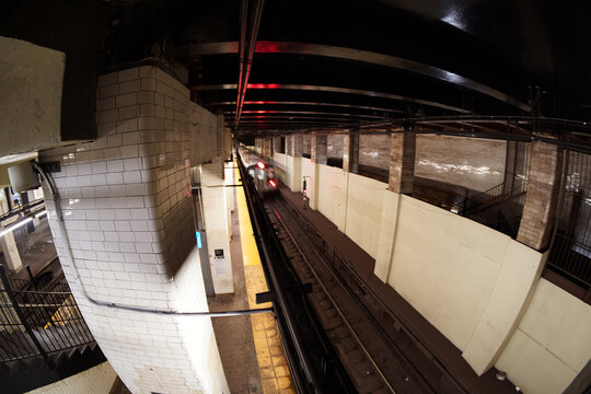 New York City Subway Train From Top At The Station