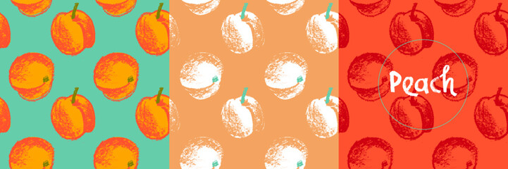 Peach seamless pattern. Vector nectarine wallpaper. Sketch art peach background for organic baby food label, yogurt packaging design, vegan banner, fruity ornament. Apricot backdrop for jam package.