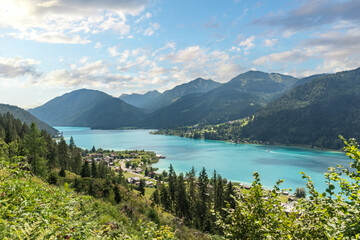 Fototapeta na wymiar Weissensee in Carinthia. Famous idyllic lake in the South of Austria.