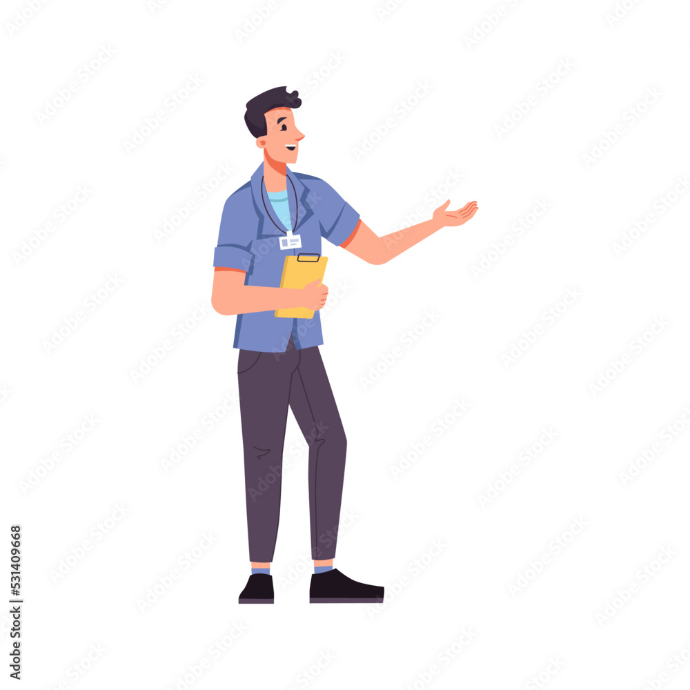 Poster Guide man with badge on uniform and papers in hands pointing and looking in distance. Isolated personage talking and explaining. Flat cartoon character, vector in flat style