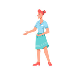 Female character talking or explaining and showing with hands. Woman with badge on uniform pointing and looking aside. Flat cartoon, vector in flat style