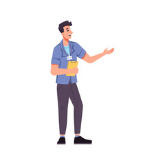 Guide man with badge on uniform and papers in hands pointing and looking in distance. Isolated personage talking and explaining. Flat cartoon character, vector in flat style