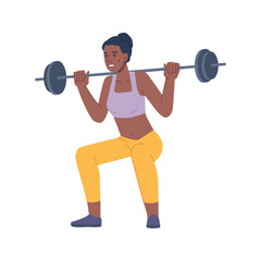 Female personage in gym working out in barbell, isolated woman doing exercises. Keeping fit or losing weight. Flat cartoon character, vector in flat style