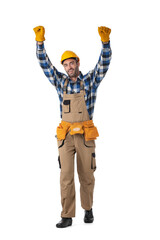 Happy construction worker with arms raised