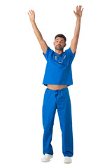 Healthcare worker with raised arms