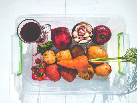Products for autumn borscht in small box. Cooking borscht