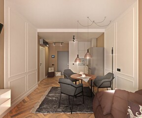 Interior of modern apartments in Scandinavian style. 3D render.