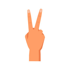 Raised fingers showing number two, isolated hand gesture. Nonverbal communication and language of signs. Front side of arm with victory or peace symbol. Vector in flat style