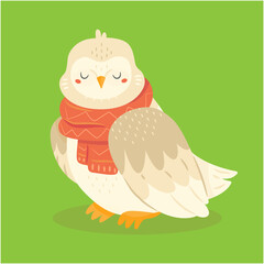 Cute owl in scarf in cartoon style. Christmas and New Year illustration of an animal character.