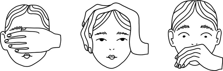 Doodle hands preventing people from seeing, hearing and speaking. Blind, deaf and dumb heads. Vector illustration of women's faces subjected to moral violence.