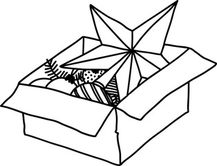 Box with Christmas toys. Doodle vector illustration of Christmas tree decor. A hand-drawn toy for decoration inside an open old box. The star is stored in an old package and isolated.