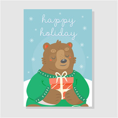 The design of a New Year's Christmas card with a bear in a sweater with a gift and the text happy holiday. Illustration card.