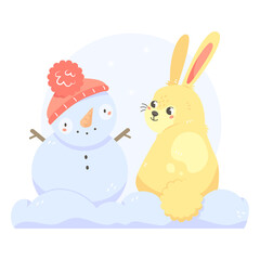 Cute rabbit with a snowman in cartoon style. 2023 is the year of the rabbit. A hare in the snow cute children's illustration. Illustration of an animal character.
