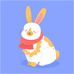 Cute spotted rabbit with red scarf in cartoon style isolated on the background. Christmas illustration. 2023 is the new year of the rabbit.