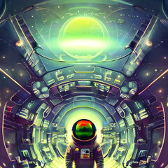 illustration of cyberspace and technologies of the future astronaut in a spaceship