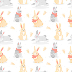 Seamless pattern with cute cartoon-style Christmas rabbits with carrot gingerbread cookies and snowflakes on white background. Illustration background.