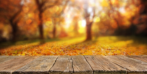 Wooden table with orange leaves autumn background - 531412044