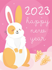 Obraz na płótnie Canvas The design of the New Year's postcard 2023 rabbit. A card with a cute rabbit with gingerbreads in cartoon style and the text happy new year.