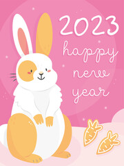 The design of the New Year's postcard 2023 rabbit. A card with a cute rabbit with gingerbreads in cartoon style and the text happy new year.