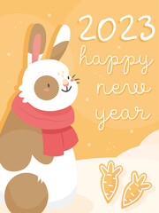 The design of the New Year's postcard 2023 rabbit. A card with a cute rabbit with gingerbread cookies in cartoon style and the text happy new year.