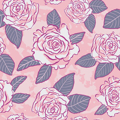 Vector Two tone Pink and white roses on baby pink camouflage textured background. Artistic Floral Seamless pattern design, great for fashion, textiles, background, digital paper and more